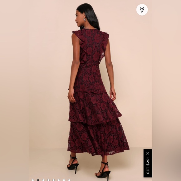 Lulu’s Molinetto Burgundy Lace Ruffled Tiered Sleeveless Maxi Dress sz. M - Picture 2 of 6